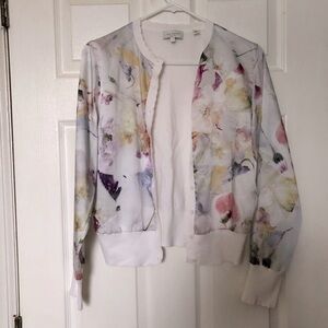 Ted Baker Floral Cardigan White Cream Cotton Combo Twill Front Sleeves sz 1 XS S
